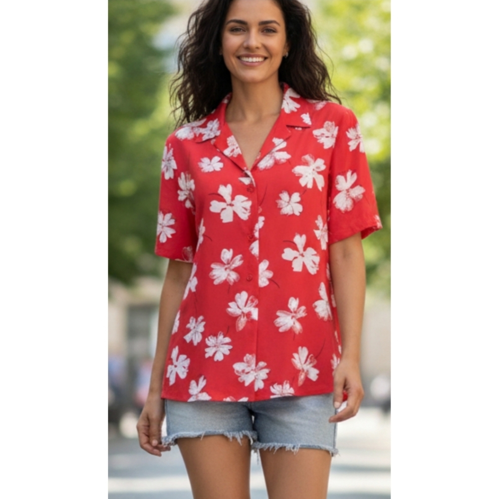 Leslie Fay Floral Print Button-down Blouse, Red, 10 GUC ✔️